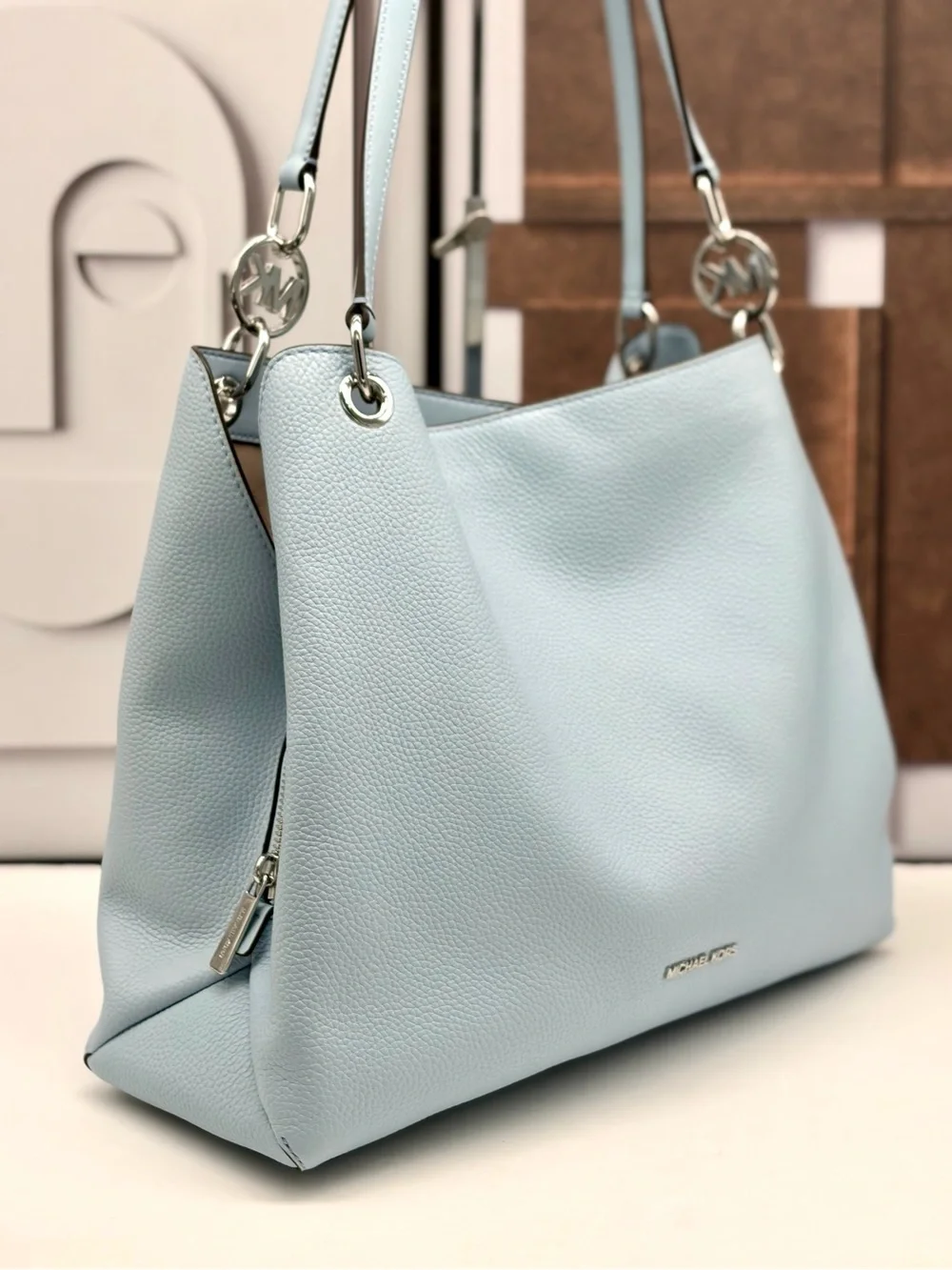 Michael Kors Christina Large Pebbled Leather Shoulder Tote Bag  Pale Ocean NWT